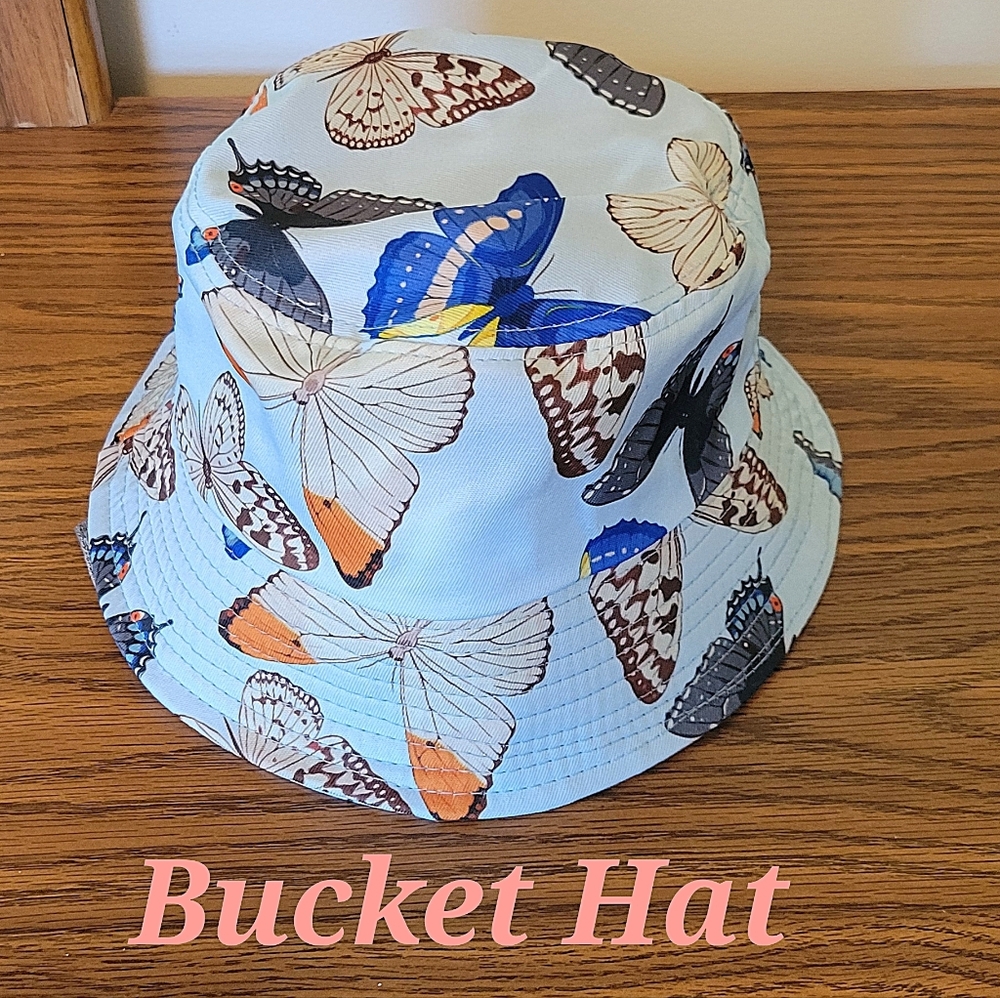 Butterfly Bucket Beach Garden Fishing Hat Sky Blue Multi color butterflies. O/S